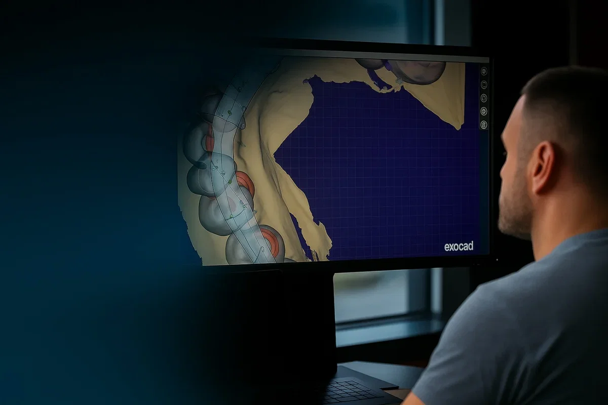 Bone grafting for dental implants explained – clinician reviewing digital implant planning scan on monitor in dental lab setting