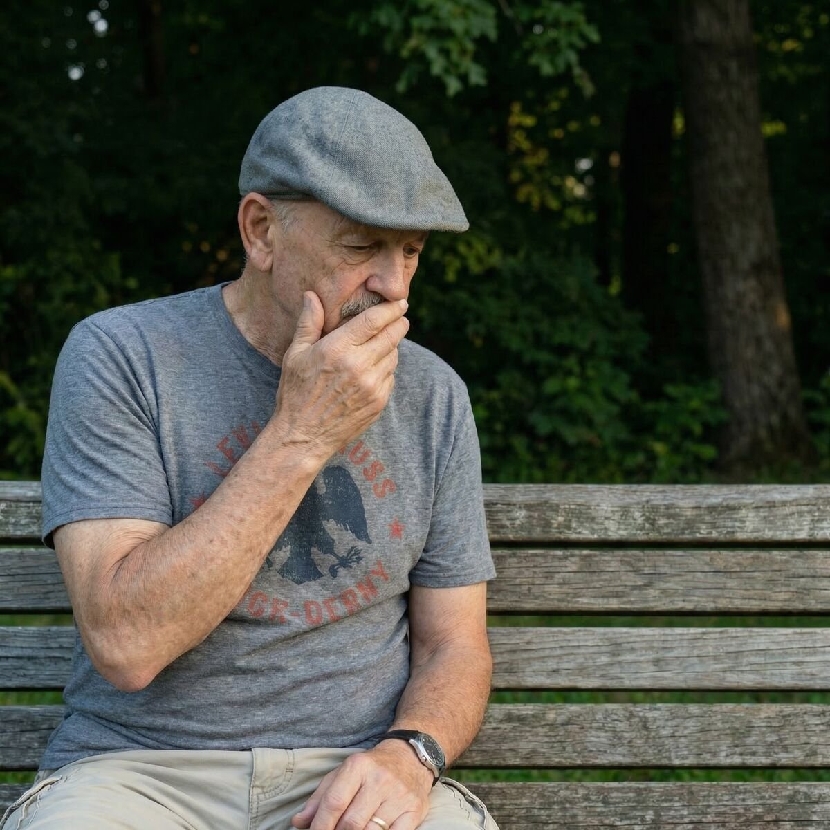 Man sitting alone on a park bench, covering his mouth self-consciously