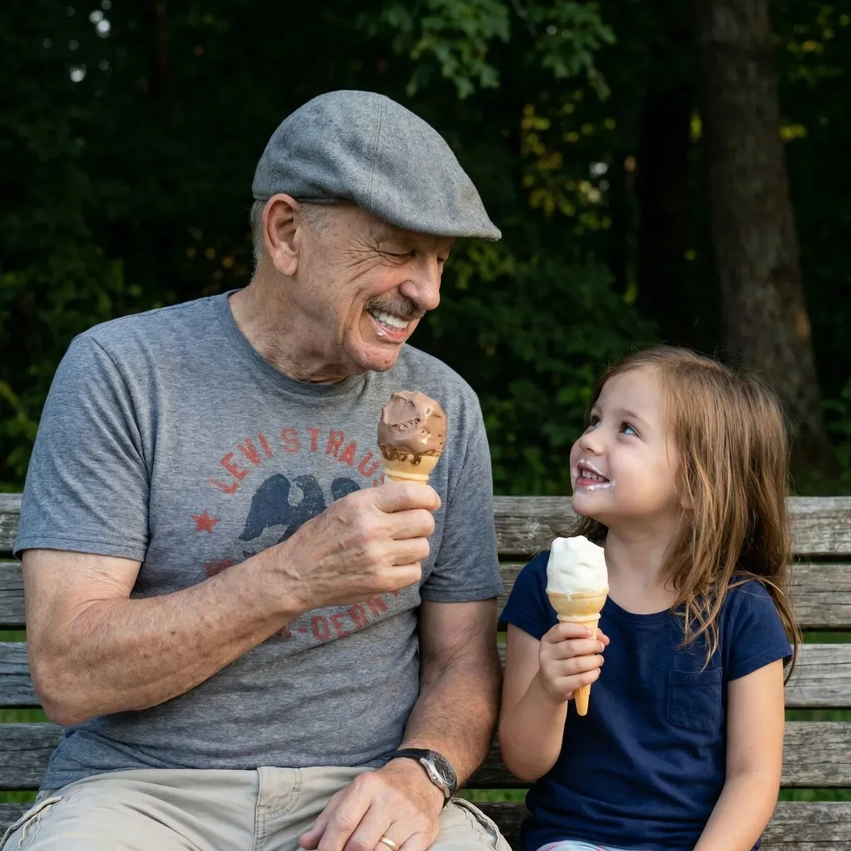Happy grandfather enjoying ice cream with granddaughter after dental implants