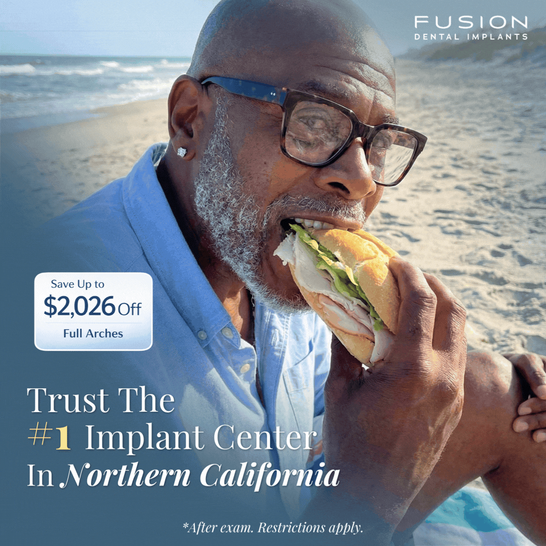 Fusion Dental Implants Facebook ad - Save up to $2,026 off full arches - Trust the #1 implant center in Northern California