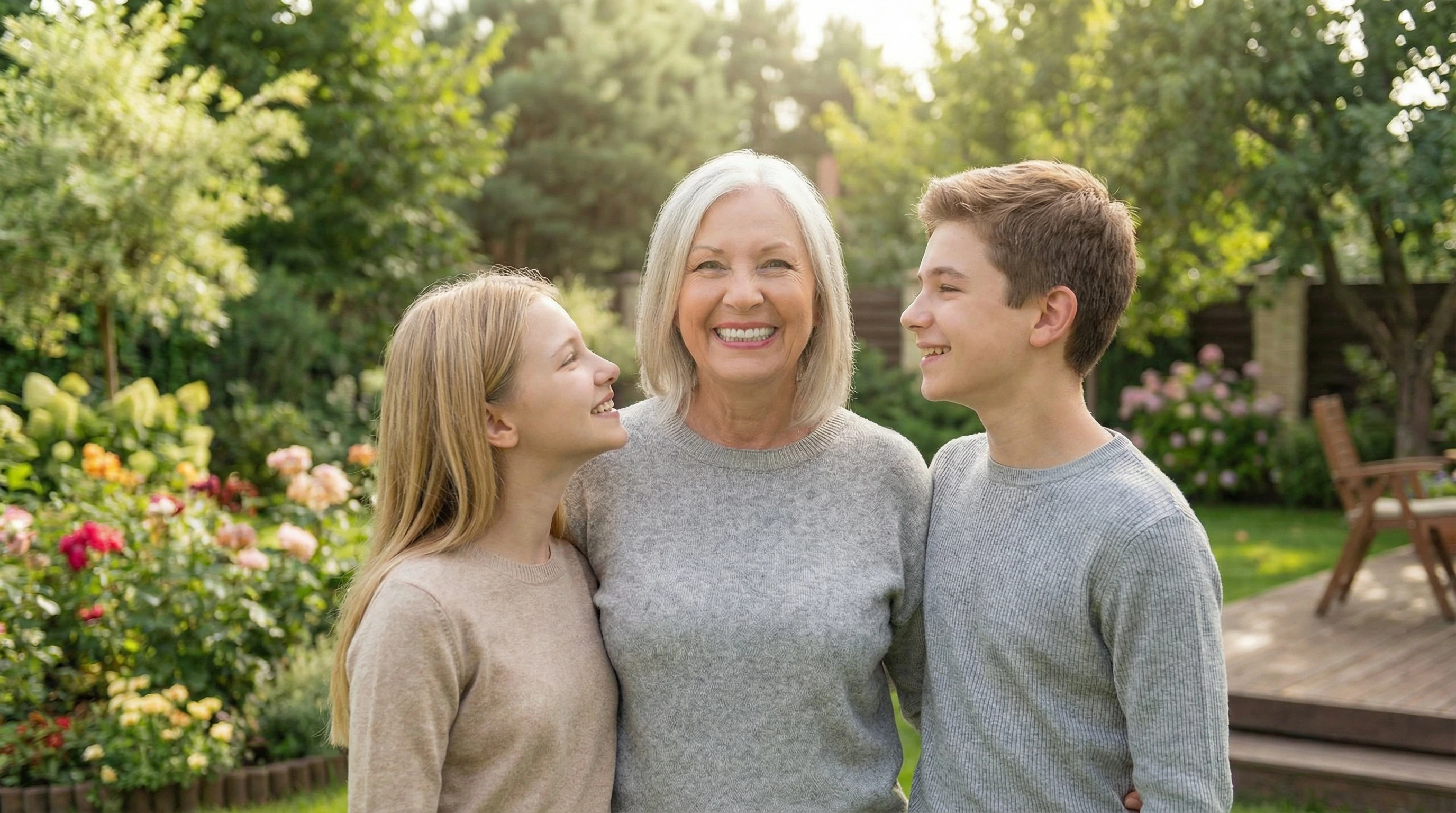 A woman smiling with her family outdoors